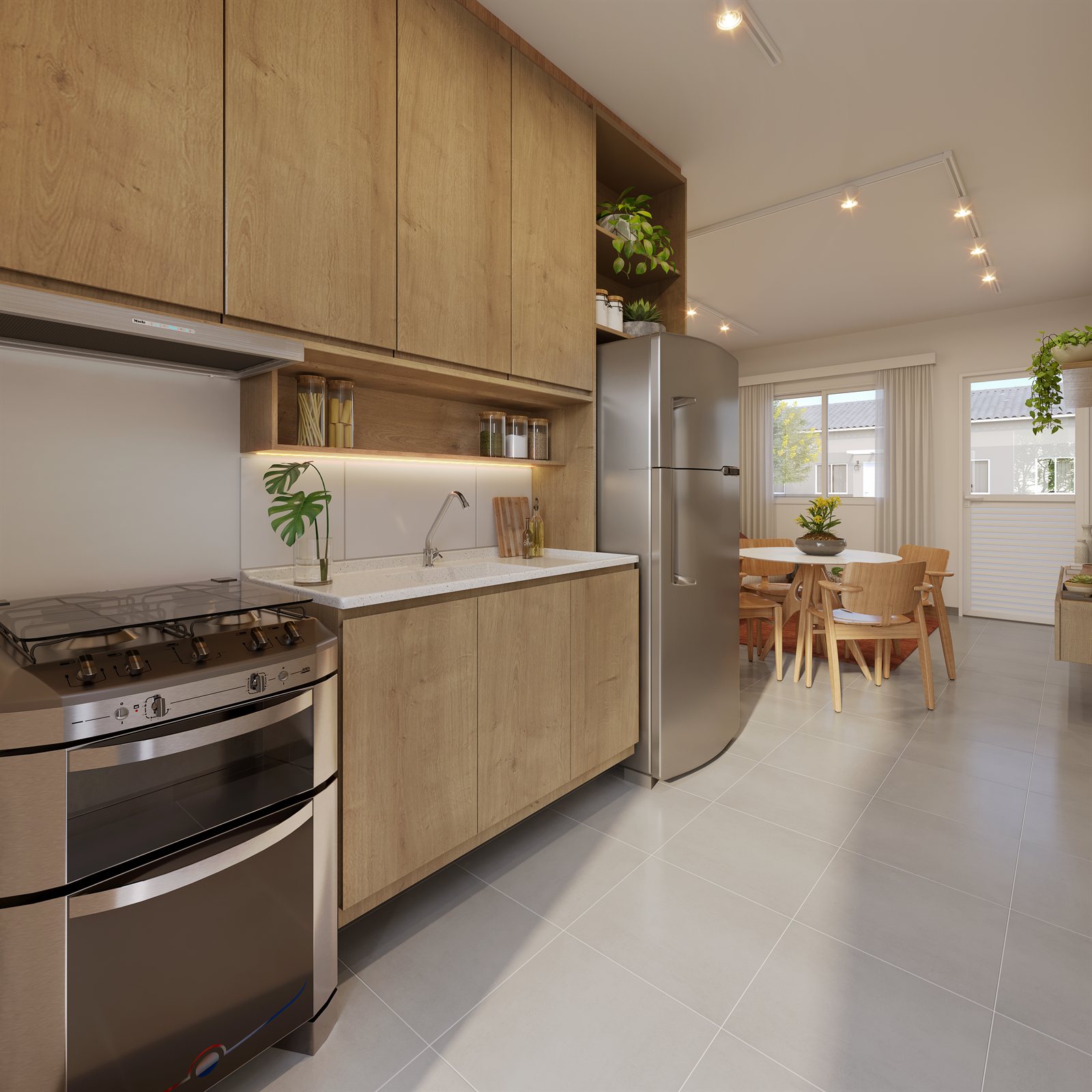 Render da cozinha e sala de jantar do empreendimento