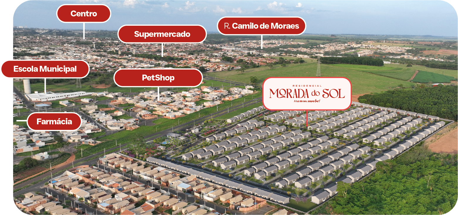 Vista aérea do Residencial Morada do Sol em Bady Bassitt, com indicação dos pontos próximos: Centro, Supermercado, Escola Municipal, PetShop, Farmácia e R. Camilo de Moraes