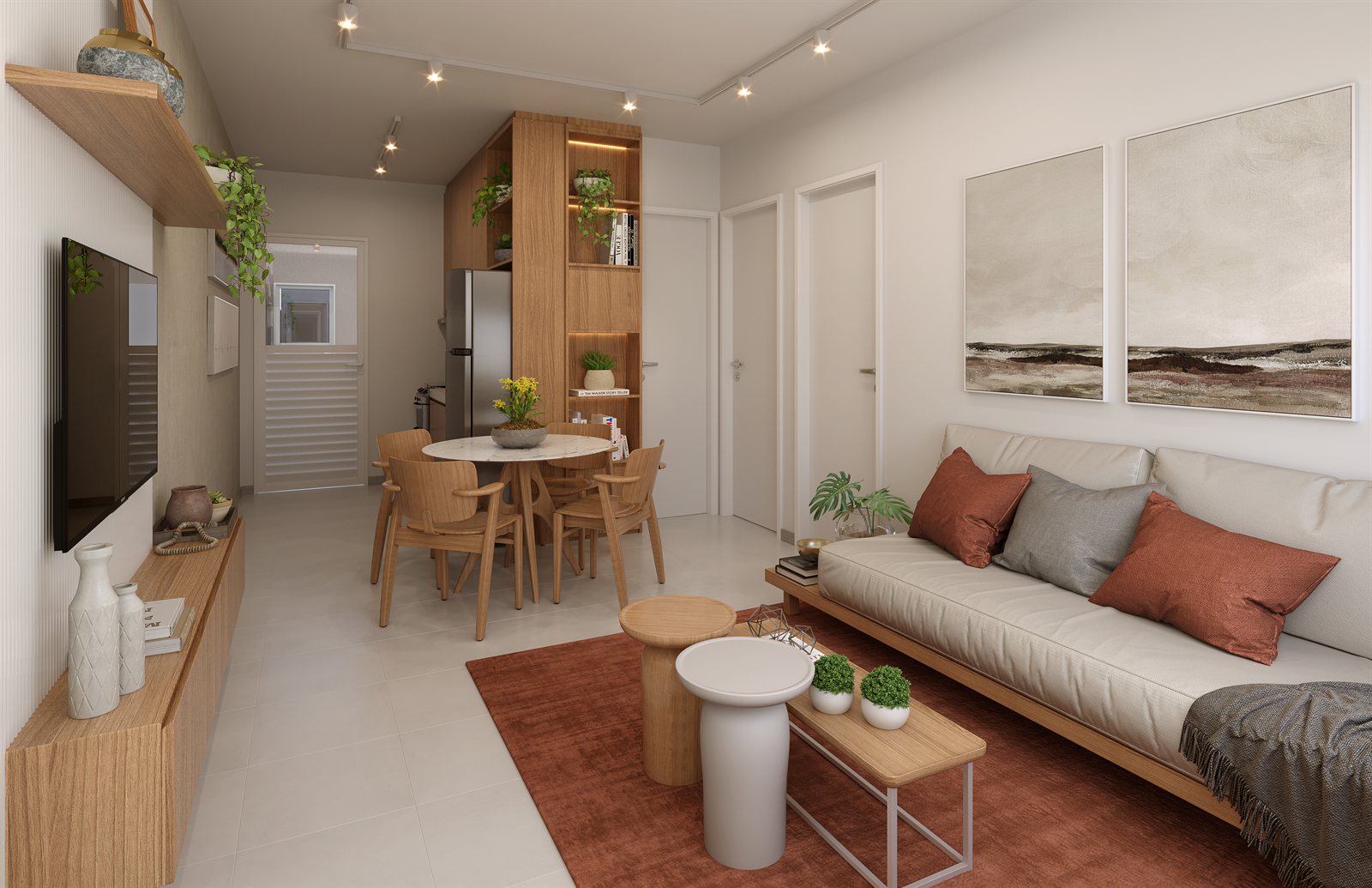 Render da sala de estar e área de convivência